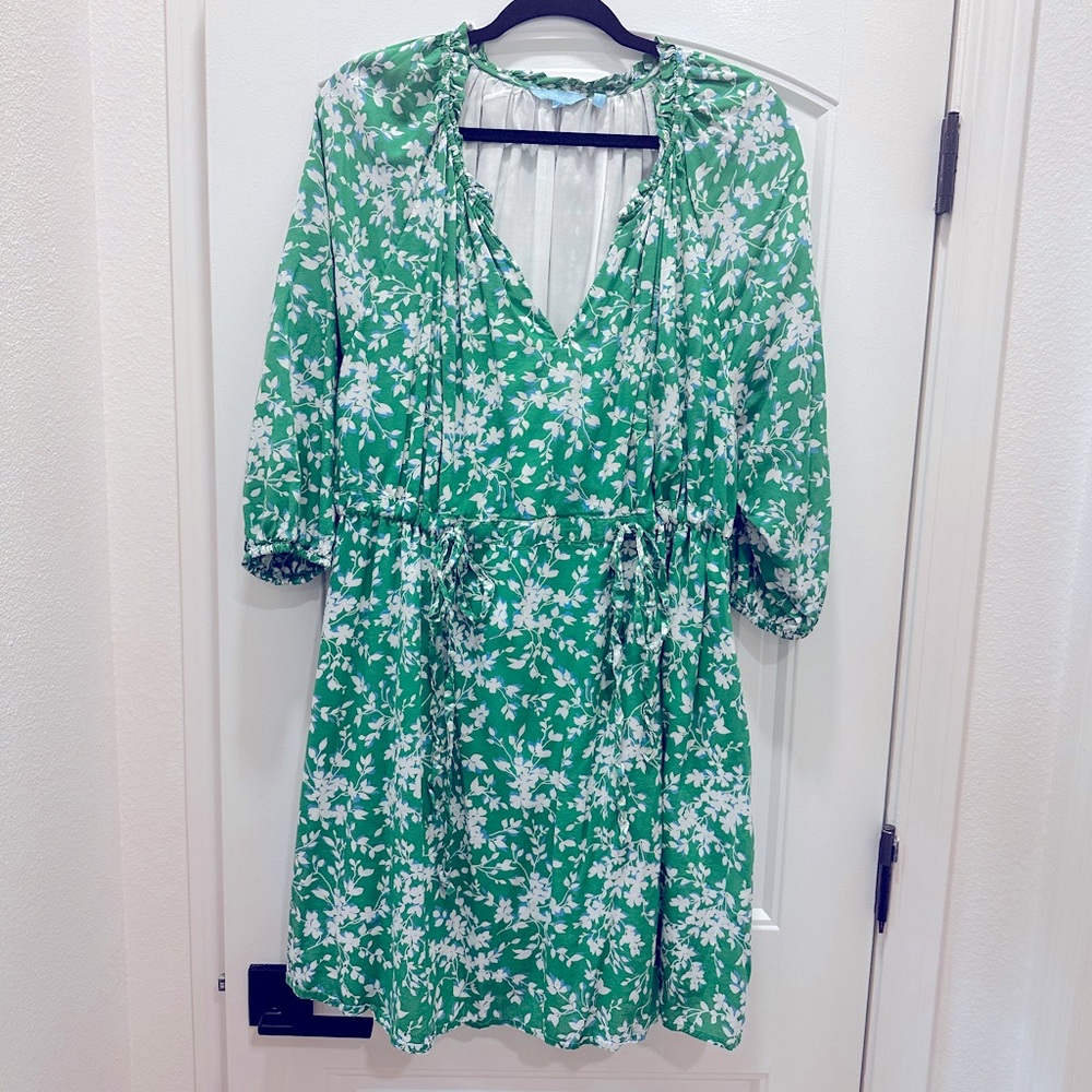 Draper James dress green white floral print size 1X double tie waist 3/4 sleeves